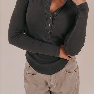 We the Free  Ribbed Henley Top in Charcoal
